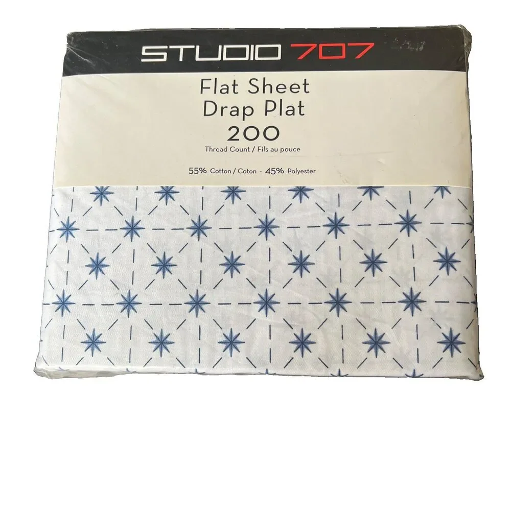 Vintage Studio 707 Twin Flat Sheet White Blue Atomic Pattern 200 Thread Ct New